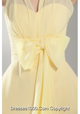 Halter Top Mini-length Light Yellow Prom Gown with Lovely Bowknot