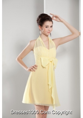 Halter Top Mini-length Light Yellow Prom Gown with Lovely Bowknot