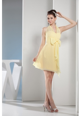 Halter Top Mini-length Light Yellow Prom Gown with Lovely Bowknot