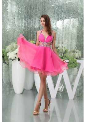 Hot Pink Mini-length Halter Top Beaded Prom Dress with Cutouts