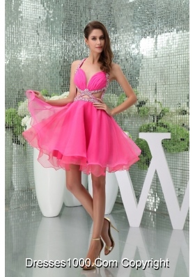 Hot Pink Mini-length Halter Top Beaded Prom Dress with Cutouts