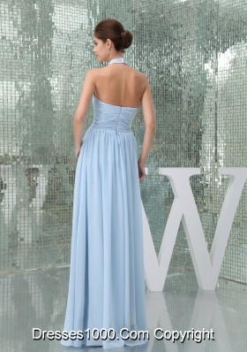 Light Blue Halter Ruches Sash Long Prom Gown Dress