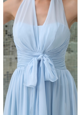 Light Blue Halter Ruches Sash Long Prom Gown Dress