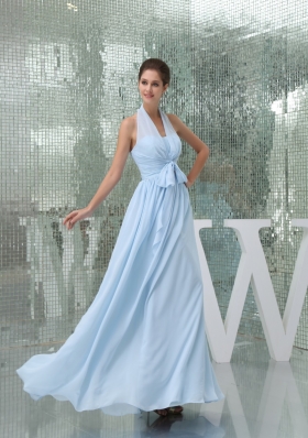 Light Blue Halter Ruches Sash Long Prom Gown Dress