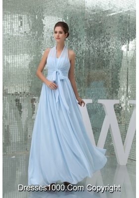 Light Blue Halter Ruches Sash Long Prom Gown Dress