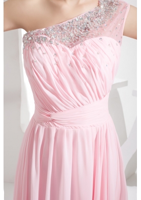 Light Pink Empire Beaded One Shoulder Prom Gowns with Ruching