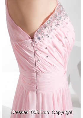 Light Pink Empire Beaded One Shoulder Prom Gowns with Ruching