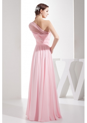 Light Pink Empire Beaded One Shoulder Prom Gowns with Ruching