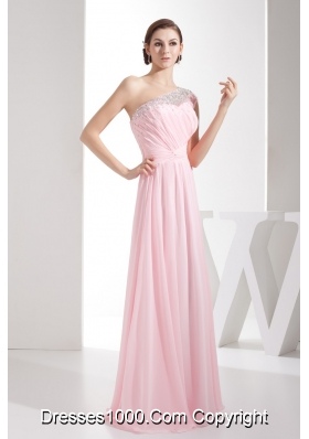 Light Pink Empire Beaded One Shoulder Prom Gowns with Ruching