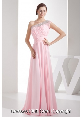 Light Pink Empire Beaded One Shoulder Prom Gowns with Ruching