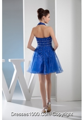 Mini-length Blue Prom Gown with beading and Organza Layers