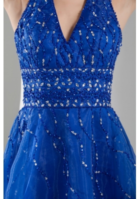 Mini-length Blue Prom Gown with beading and Organza Layers