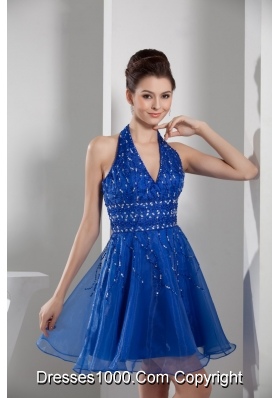 Mini-length Blue Prom Gown with beading and Organza Layers