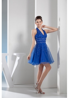 Mini-length Blue Prom Gown with beading and Organza Layers