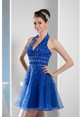 Mini-length Blue Prom Gown with beading and Organza Layers