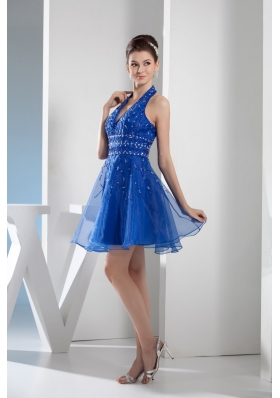 Mini-length Blue Prom Gown with beading and Organza Layers