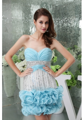 Mini-length Sweetheart Ruched Beaded Baby Blue Prom Dress