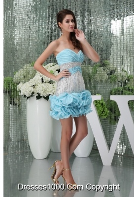 Mini-length Sweetheart Ruched Beaded Baby Blue Prom Dress