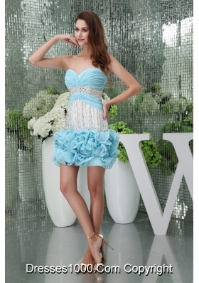 Mini-length Sweetheart Ruched Beaded Baby Blue Prom Dress