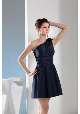 Navy Blue One Shoulder Prom Gown with Wide Waistband for Party