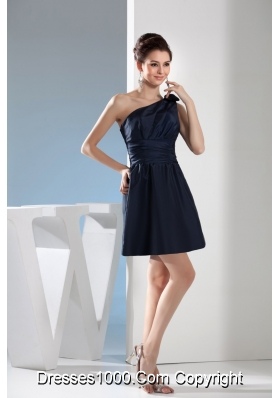 Navy Blue One Shoulder Prom Gown with Wide Waistband for Party