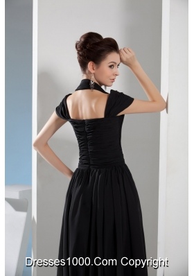 Noble Column Halter-top Floor-length Ruching Black Prom Dress