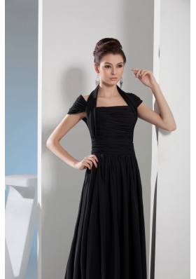 Noble Column Halter-top Floor-length Ruching Black Prom Dress