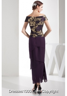 Off-the-shoulder Eggplant Purple Prom Dress with Embroidery