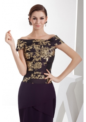 Off-the-shoulder Eggplant Purple Prom Dress with Embroidery