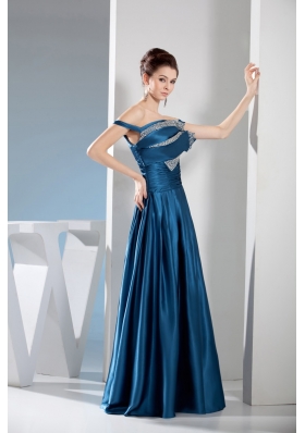 Off-the-shoulder Floor-length Prom Gown Dress Ruched Beaded