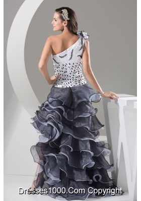 One Shoulder Prom Dress with Ruffle-layers and Handmade Flower