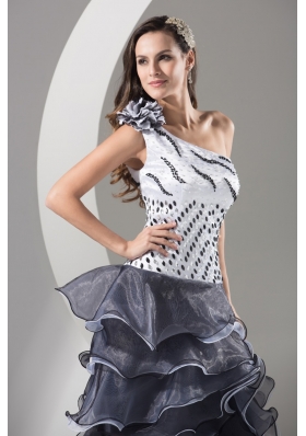 One Shoulder Prom Dress with Ruffle-layers and Handmade Flower