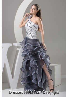 One Shoulder Prom Dress with Ruffle-layers and Handmade Flower