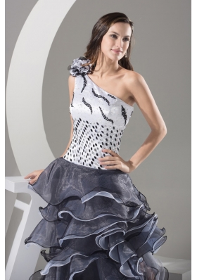 One Shoulder Prom Dress with Ruffle-layers and Handmade Flower