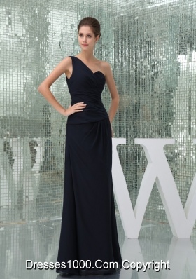 One Shoulder Ruched Long Prom in Law Dress in Navy Blue 2013