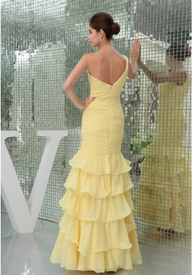 One Shoulder Ruffle-layers Ankle-length Prom Dress in Yellow