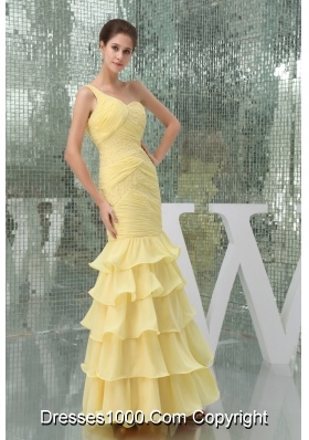 One Shoulder Ruffle-layers Ankle-length Prom Dress in Yellow