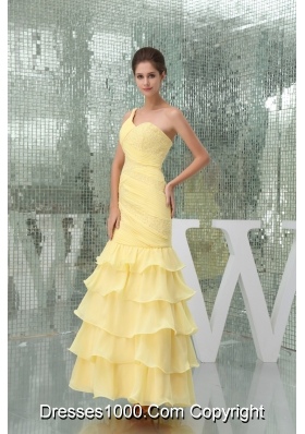 One Shoulder Ruffle-layers Ankle-length Prom Dress in Yellow