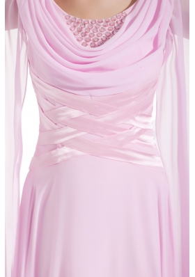 Pink Cowl Neck Floor-length Column Dress For Prom  with Beading