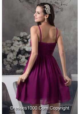 Popular Spaghetti Straps Ruched Dark Purple Short Prom Dress