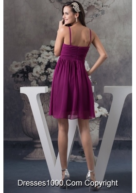 Popular Spaghetti Straps Ruched Dark Purple Short Prom Dress