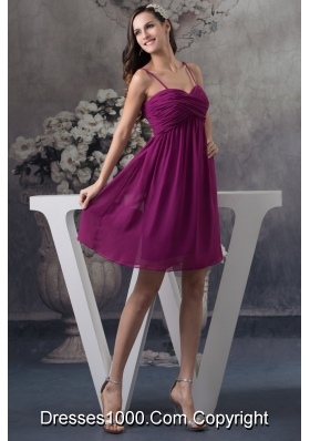 Popular Spaghetti Straps Ruched Dark Purple Short Prom Dress