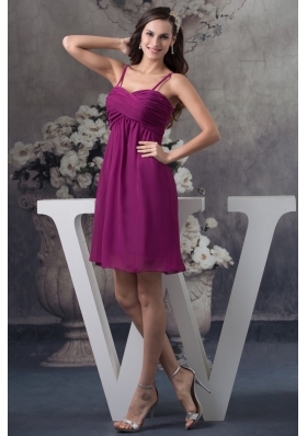 Popular Spaghetti Straps Ruched Dark Purple Short Prom Dress