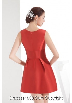 Red Slot Neck Mini Length Dress For Prom with Black Appliques