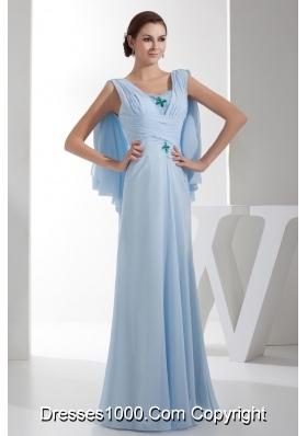 Ruched Beaded Baby Blue Chiffon Column Prom Dress Floor-length