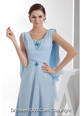 Ruched Beaded Baby Blue Chiffon Column Prom Dress Floor-length