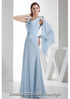 Ruched Beaded Baby Blue Chiffon Column Prom Dress Floor-length