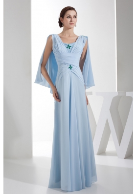 Ruched Beaded Baby Blue Chiffon Column Prom Dress Floor-length
