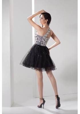 Sequin and Tulle One Shoulder Prom Dress Decorated with Beadings