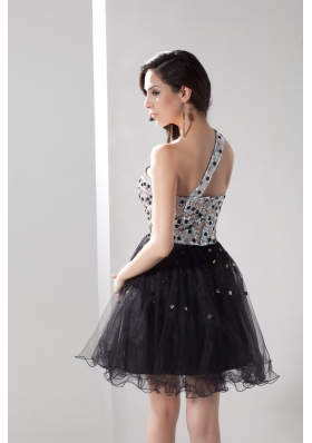 Sequin and Tulle One Shoulder Prom Dress Decorated with Beadings